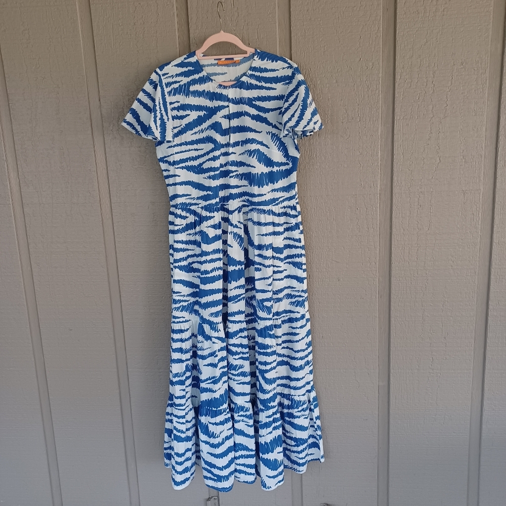 Oliphant Dipsy Maxi Dress Size L Preppy Pockets Cotton Tiered In Blue Singita